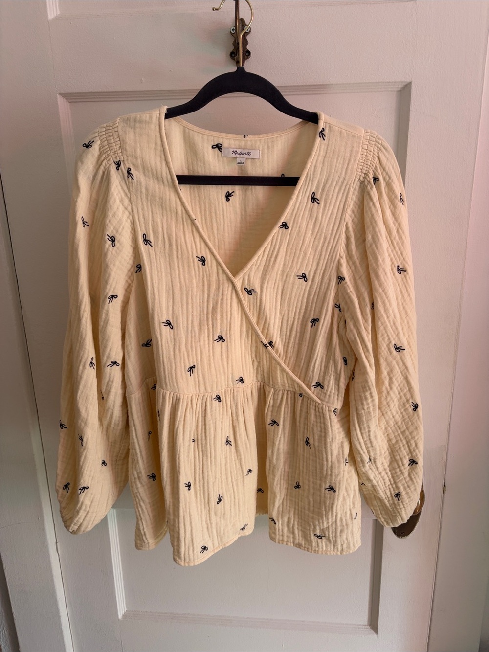 Madewell Cream Wrap Blouse with Navy bows